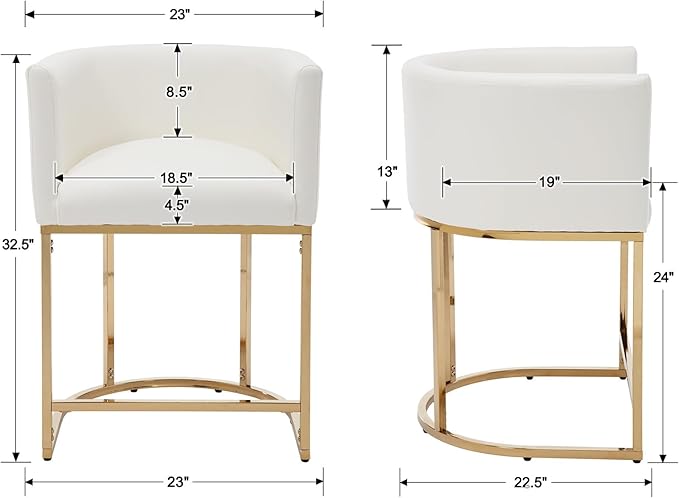 PU Leather Bar Stools Set of 3, Modern Upholstered Counter Height Bar stools 24" Leather Barstools Barrel Kitchen Counter Island Stools with Golden Metal Base, White