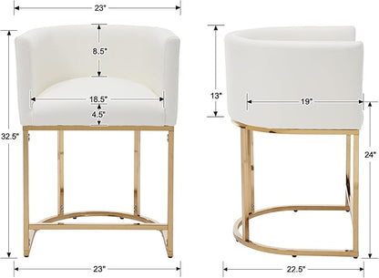 PU Leather Bar Stools, Modern Upholstered Counter Height Bar stools 24" Leather Barstools Barrel Kitchen Counter Island Stools with Golden Metal Base, White