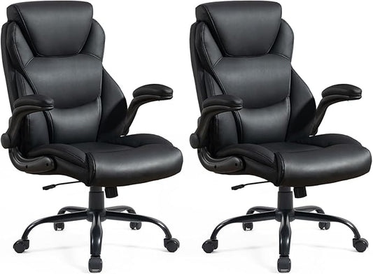 Brage Living 400LBS Big and Tall Office Chair, Leather Executive Desk Chair with Padded Flip-up Arms, Heavy Duty Swivel Rolling Computer Chair for Home Office, Black, Set of 2