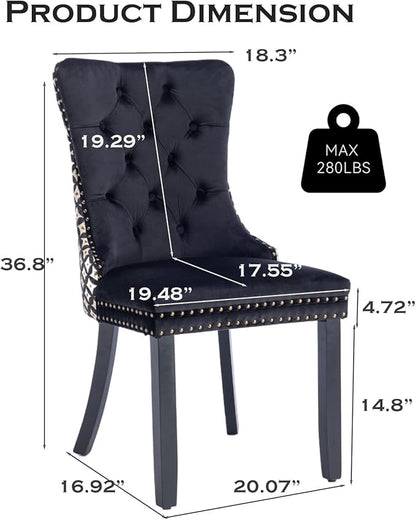 Velvet Upholstered Dining Chairs Set of 2, Modern Style Kitchen Side Chairs with Nailhead Trim and Wood Legs,Metal Pulling Ring for Dining Room Living Room(Quadrangular Star&Black)