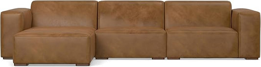 SIMPLIHOME Rex Left-Facing Modular Sectional Sofa in Full-Grain Genuine Leather, Caramel Brown, 122-inches Wide, Handcrafted Modern-Style 4-Seater L-Shaped Leather Couch with Left Chaise