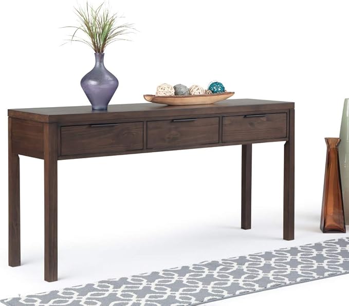 SIMPLIHOME Hollander Console Table - 60 Inch Wide Solid Wood Sofa Table in Warm Walnut Brown, Contemporary Storage Table for Entryway or Living Room with 3 Drawers and Sleek Metal Hardware