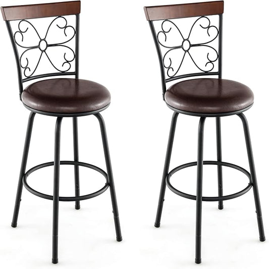 COSTWAY Bar Stools for Kitchen Island, 24/30 Inch Adjustable Seat Height Swivel Barstools Set of 2, Cushioned Seat & Cozy Backrest, Extra Leg Tubes for Height Adjustment, for Kitchen, Bar (2)