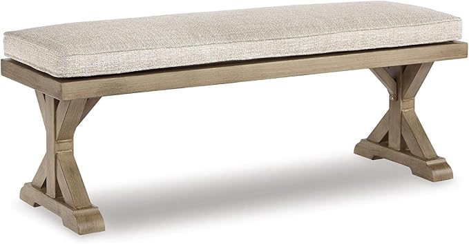 Signature Design by Ashley Beachcroft Outdoor Bench with All-Weather Cushion, Cleanable Performance Fabric, Rust-Resistant Aluminum Frame, 20.38" High, Beige