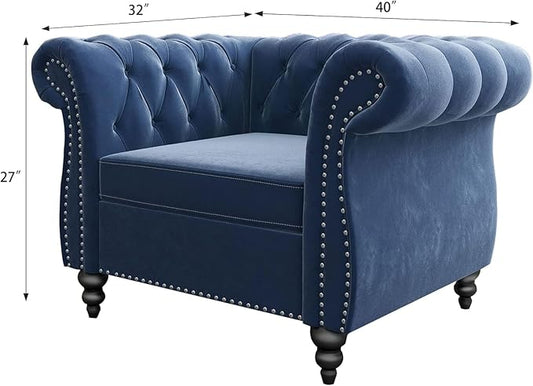 Living Room Chair, Modern Velvet Chesterfield Sofa Chair, Mid Century Single Sofa Couch Chair with Tufted Back and Rolled Arms, Accent Sofa Chair for Living Room Apartment, Blue