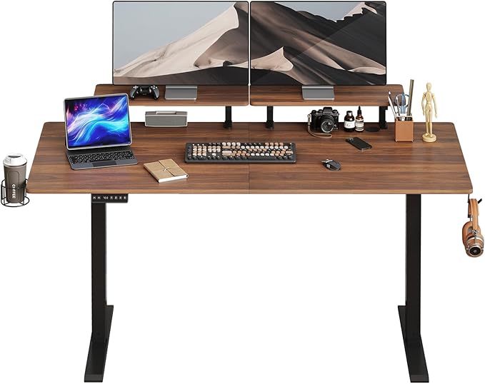 ONBRILL Standing Desk with 2 Adjustable Monitor Shelves, 55 x 24 Inches Electric Stand Up Desk with Memory Controller and Adjustable Height from 28-46 inches for Computer Workstations, Walnut