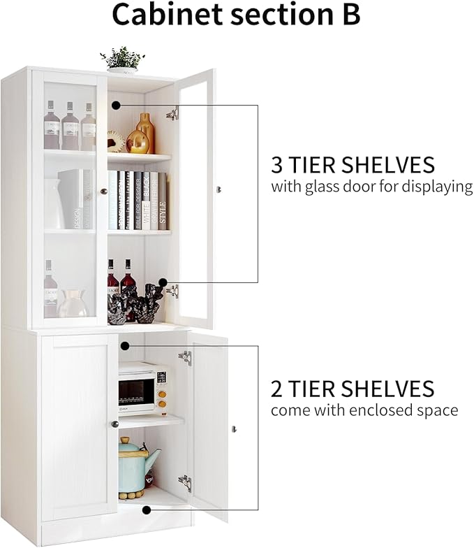 VOWNER Vertical File Cabinet, 3-Tier Modern Bookshelf with 3 Large Drawer, Wood Filing Cabinet with Open Storage Shelf, Glass Doors and Fixed Storage Shelves for Home Office, White