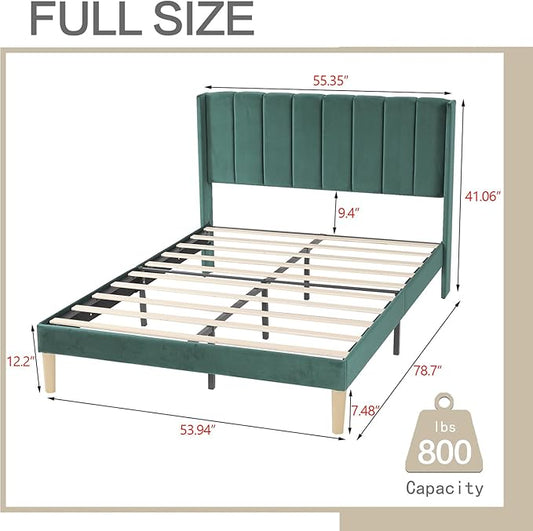 AGARTT Upholstered Platform Bed Frame Full Size with Headboard and Footboard/Wooden Slats Support/No Box Spring Needed/Easy Assembly, Green Velvet