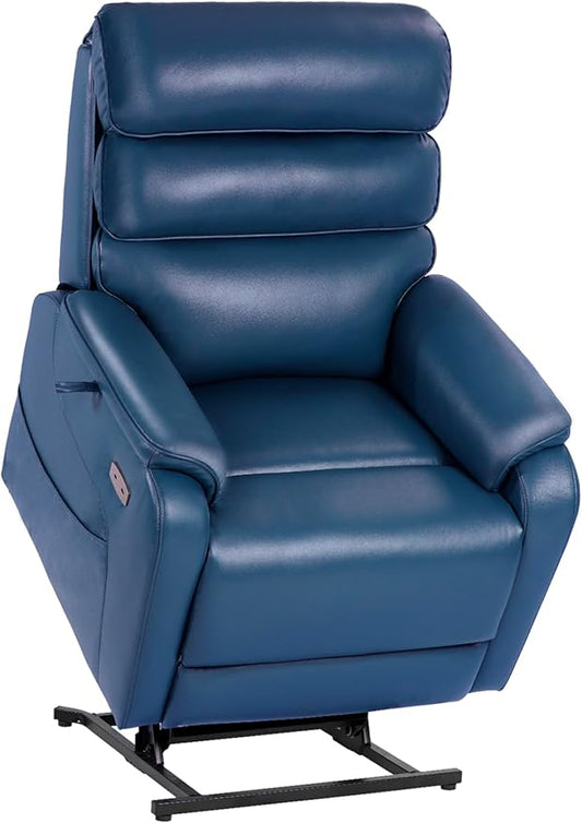 EONIX Dual Motor Lay Flat Power Lift Recliner Chair for Elderly, Electric Faux Leather Lift Chairs for Adults, 400lbs Heavy Duty Power Recliner Lift Sofa with Heat and Massage, Navy Blue