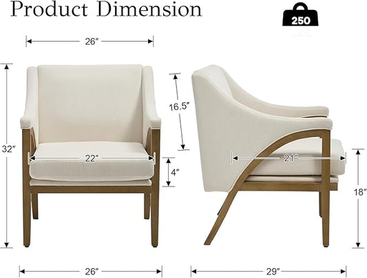 EALSON Modern Accent Chair Comfy Living Room Chair with Wooden Frame and Armrest Mid Century Upholstered Fabric Reading Lounge Armchair for Living Room/Bedroom/Reading/Balcony, Chenille White
