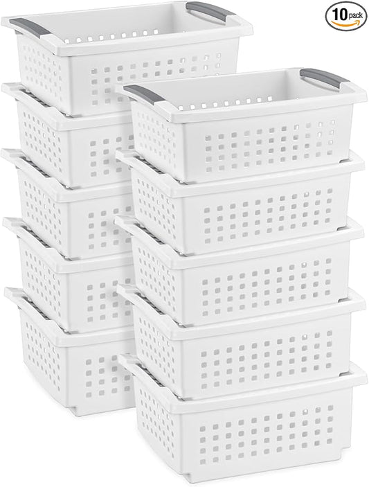 Sterilite 10-Pack Medium Stacking Basket, Open Top Plastic Storage Organizer, White - Stackable Crate Containers for Countertop, Cabinet, Pantry Shelf, Laundry Room, Bathroom & Home Office