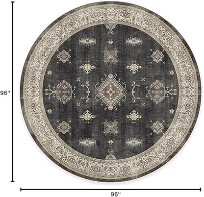 RUGGABLE Washable Vintage Area Rug – Verena Dark Wood 8 ft Round, Stain-Resistant, Non-Slip – Large Machine Washable Rugs for Living Room, Bedroom, Hallway, Entryway & Office–with Cushioned Pad