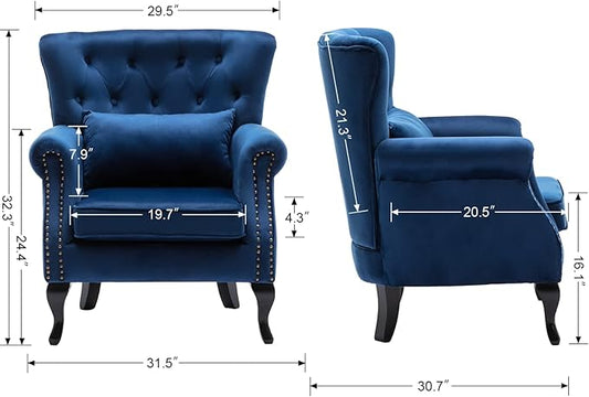 Mid Century Modern Accent Chair Upholstered Armchair Comfy Velvet Fabric Single Sofa with Tufted Wingback for Small Spaces Bedroom Living Room, Blue