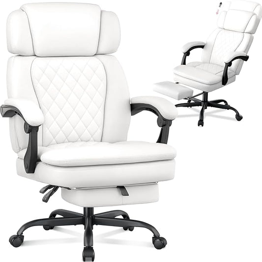 400lbs Office Chair with Foot Rest, Ergonomic Big and Tall Office Chair with Adjustable Headrest, High Back PU Leather Computer Chair,Comfy Heavy Duty Office Desk Chair (Classic White)