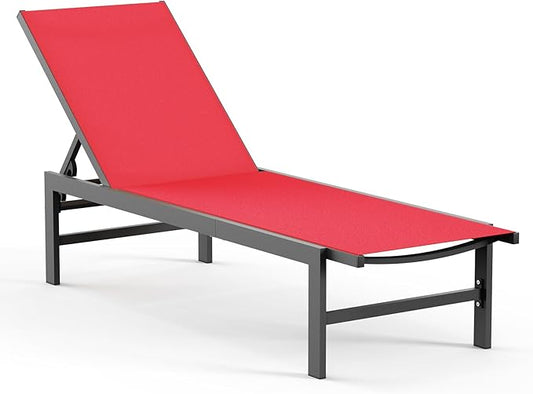 Outdoor Lounge Chairs for Pool, Aluminum Chaise Lounge Chairs with 5-Position Recliner, Patio Lounge Chair for Backyard, Poolside, Deck, Lawn, Red