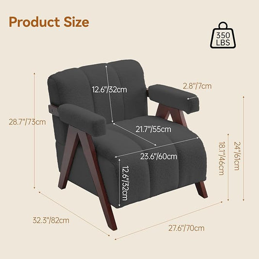 Accent Chair Mid-Century Modern with Wide Backrest for Bedroom, Upholstered Living Room Chair with Wooden, Lounge Armchair with Thick Cushion, Cute Teddy Comfy Chair, Dark Grey