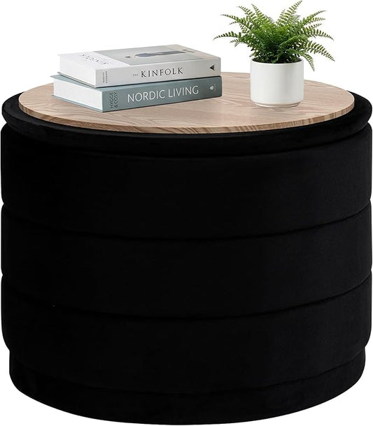 PINPLUS Large Round Velvet Storage Ottoman, Black Upholstered Footstool with Hidden Storage, Sturdy Coffee Table Ottoman for Living Room & Bedroom