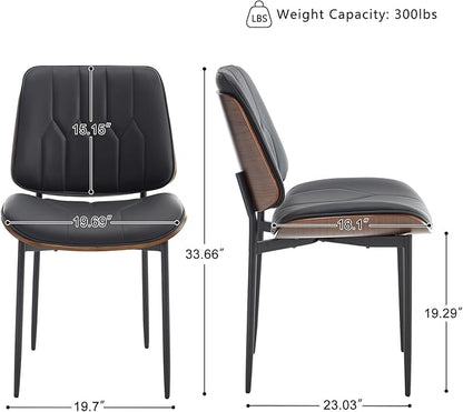 BV Mid Century Modern Dining Chairs Set of 2, Upholstered Pu Leather Accent Chair with Walnut Bentwood Back, Armless Kitchen Chair for Dining Room, Living Room, Kitchen, Black