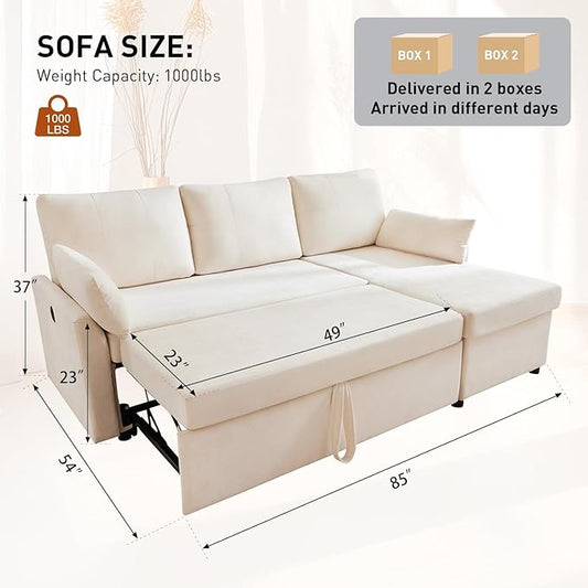 Waxberry Sectional Sofa Couch, Pull Out Couch Sleeper Sofa Bed with Storage for Living Room, Reversible Chaise, Side Pockets & Dual USB/Type-C Ports, Beige