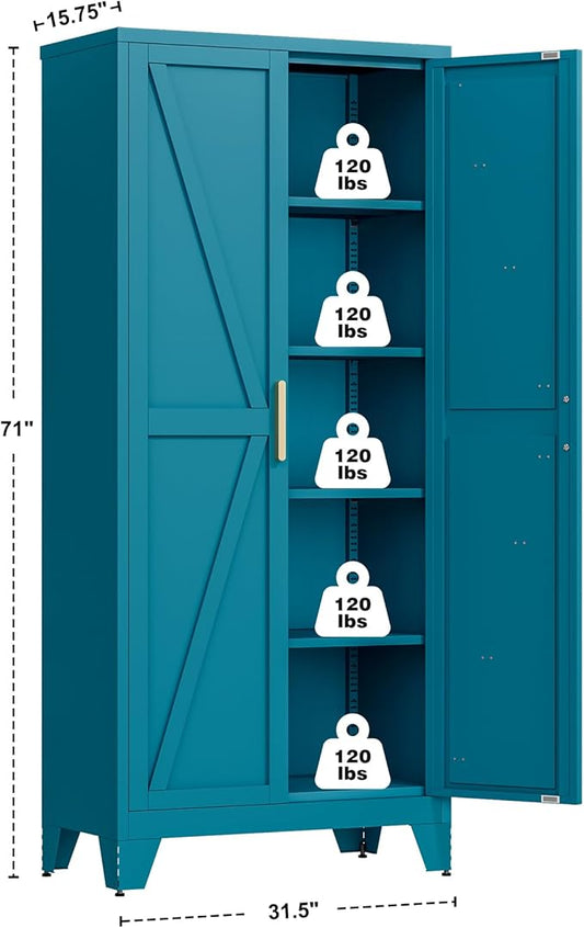 Large Metal Kitchen Pantry Cabinet with Adjustable Shelves - Freestanding Kitchen Storage Cabinet for Dining Room,Livingroom Bathroom, Hallway, Workshop, Office (Blue, 71"- 0 Drawer)