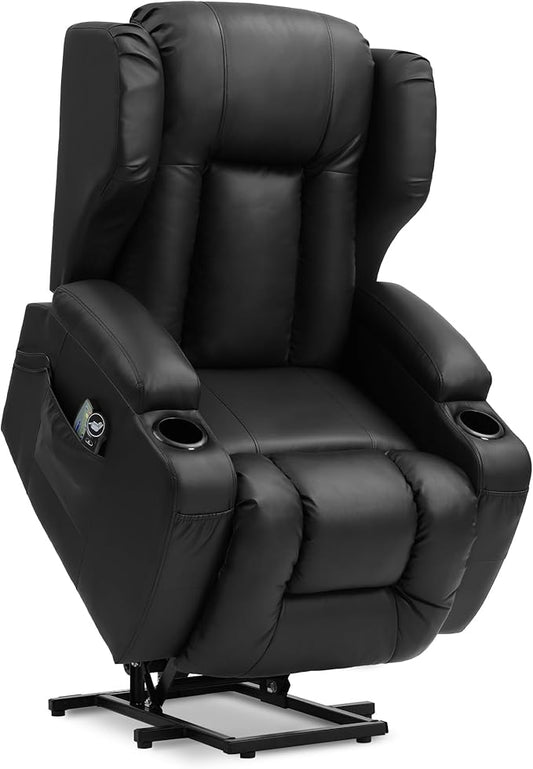 URRED Power Lift Recliner Chair for Elderly, Electric Massage Recliner with Heat, Infinite Position Adjustment, Faux Leather Lift Chair with Cup Holders, Side Pockets & USB Port – Light Black
