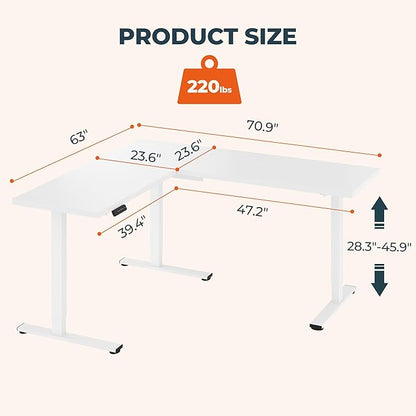 L-Shaped Standing Desk, 71 x 63 Inches Height Adjustable Desk, Sit and Stand up for Work Office Home, Ergonomic Rising Computer Table for Home Office with Splice Board, White