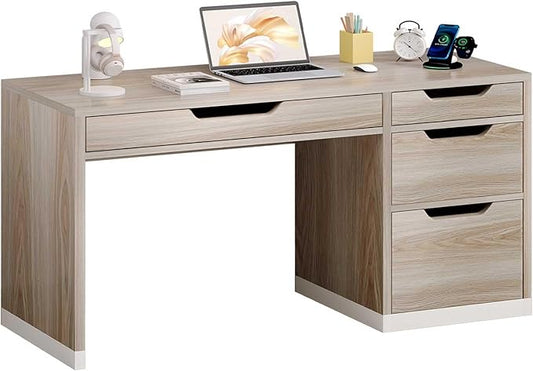 52 Inch Desk with 4 Drawers, Computer Desk with Storage File Cabinet for Bedroom, Small Office Desk with Storage for Small Space, White and Walnut