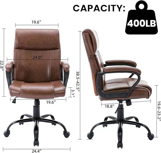 DYHOME Leather Office Chair Brown Desk Chair with Padded Armrests, Adjustable Home Office Chair Mid Back Swivel Task Chair, Ergonomic Mid Century Computer Chair, Capacity 400lbs