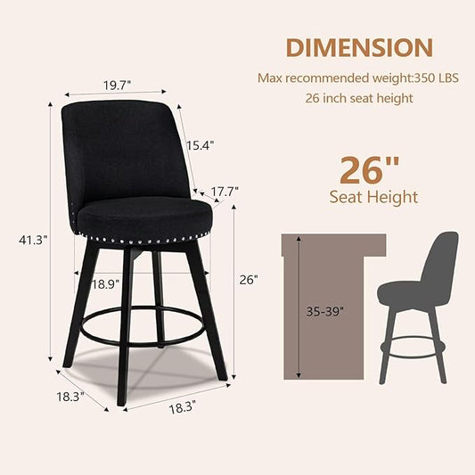 MINCETA Bar Stools Set of 4, 26 Inch Upholstered Barstools with High Back and Footrest, Swivel Counter Height Barstools for Kitchen Island Home Bar Black
