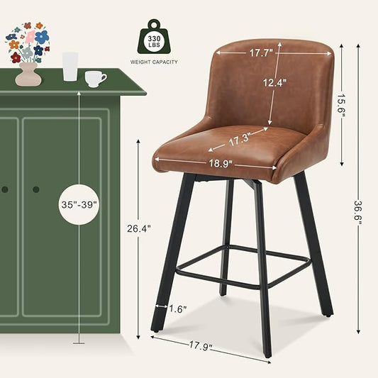 Swivel Bar Stools Set of 4, 26''H Upholstered Barstools with Backs, Modern Counter Height Bar Stool Chairs for Kitchen Island, Metal Legs, Faux Leather, Brown Counter Stools