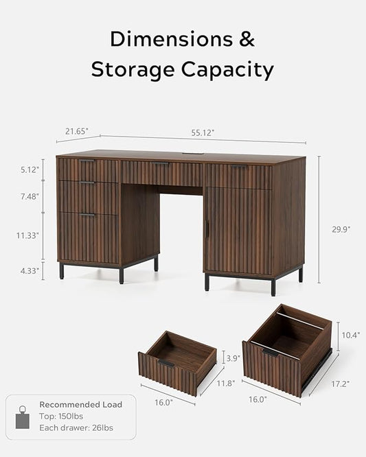 55" Fluted Executive Desk, Modern Home Office Desk with Charging Station, Keyboard Tray, File Drawer, Storage Cabinet, Wood Computer Writing Desk for Work Study Writing, Browm