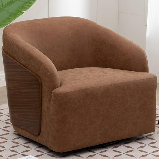 Swivel Accent Chair Faux Leather Swivel Barrel Chair Comfortable Mid Century Modern Chair Upholstered Metal Base Armchair for Living Room Bedroom Office Large Vintage Brown