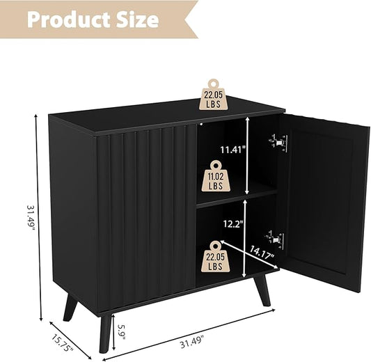 Fluted Sideboard Buffet Cabinet with 2 Doors, Modern Storage Cabinet with Adjustable Shelves, Wood Console Table for Kitchen Dining Living Room Entryway (Black)