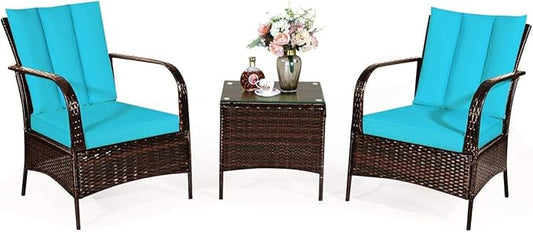 COSTWAY 3 Pieces Patio Rattan Furniture Set, Outdoor Conversation Chair Set with Coffee Table & 2 Cushions for Backyard, Porch, Poolside, Lawn, Garden, Turquoise