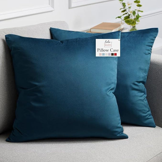 lalaLOOM Velvet Throw Pillow Covers, Set of 2, 18x18 Decorative Square Pillows Home Decor, Soft Accent Cases, Silky Machine Washable Pillowcases for Sofa, Couch, Bedroom, Living Room, Peacock