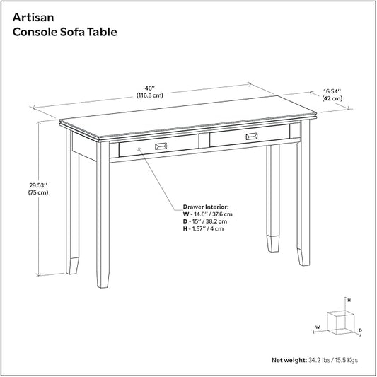 SIMPLIHOME Artisan Console Table - 46 Inch Wide Solid Wood Sofa Table in Natural Aged Brown, Transitional Storage Table for Entryway or Living Room with 2 Drawers and Clean Angle-Edged Top