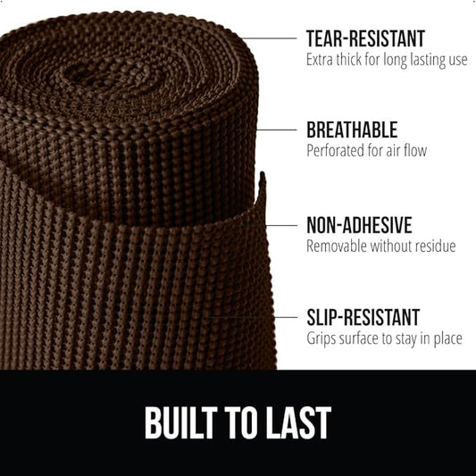 GORILLA GRIP powerGRIP Drawer Shelf and Cabinet Liner, Thick Strong Hold, Non-Adhesive Liners Protect Kitchen Cabinets and Cupboard, Bathroom Drawers, Easy Install, Breathable Mat, 17.5" x10', Brown