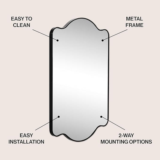 JONATHAN Y MIR205A Louisa 24 in. W x 36 in. H Medium Scalloped Rectangular Metal Framed Wall Mirror, for Bathroom, Living Room, Bedroom, Black