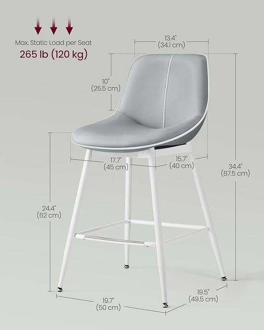 VASAGLE Bar Stools Set of 2, Counter Height Bar Stools with Back, Ergonomic Backrest, Synthetic Leather, Metal Legs, 24.4-Inch Tall Barstools for Kitchen Island Home Bar, Easy Assembly, Dove Gray