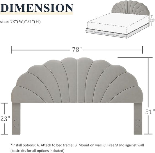King Size Headboard Only, Petal Wall Mount Headboard King/California King Size for Adjustable Bed Velvet Upholstered Head Board Easy Assembly, Gray
