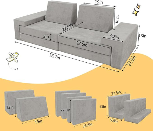 Modular Kids Play Couch,Kid Couches for Toddler & Children,Child Sectional Sofa Fort Building for Playroom Furniture,Convertible Sofa for Boys & Girls, Grey