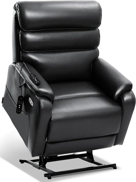 EONIX Wide Lay Flat Power Lift Recliner Chair for Elderly, Heavy Duty Oversized Breathable Faux Leather Lift Chairs Recliner Sofa with Heat and Massage and Charging Ports, Black