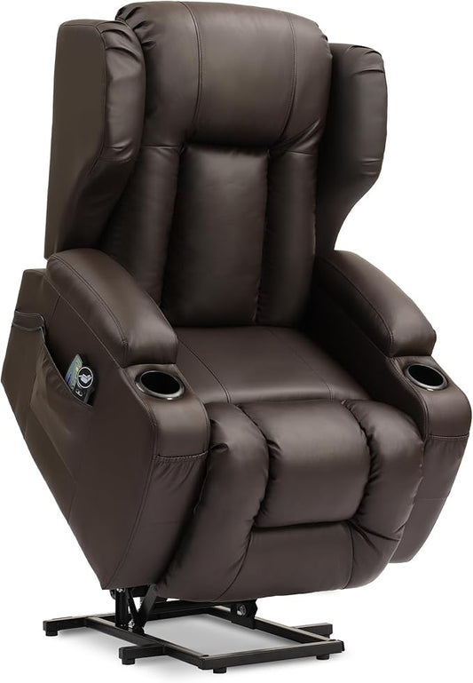 URRED Power Lift Recliner Chair for Elderly, Electric Massage Recliner with Heat, Infinite Position Adjustment, Faux Leather Lift Chair with Cup Holders, Side Pockets & USB Port – Brown