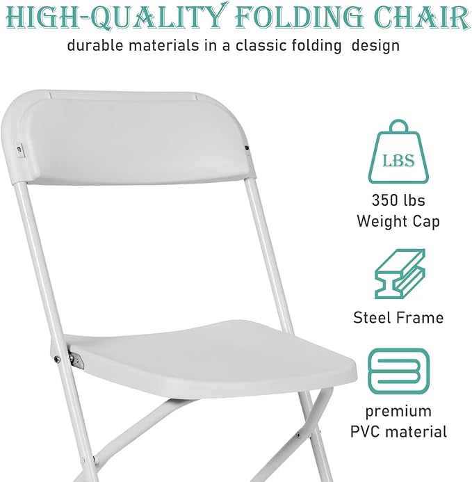 30 Pack White Plastic Folding Chairs, Portable Stackable Commercial Party Folding Chairs with Steel Frame 350lbs for Home Office Outdoor Indoor Office Wedding Party Events