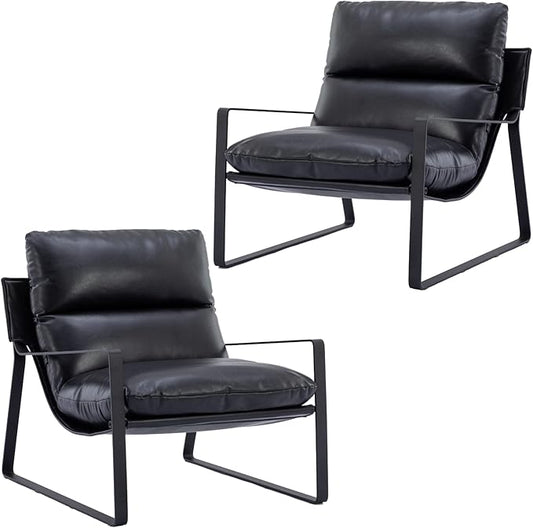 Mid-Century Accent Chair Set of 2, Comfy PU Leather Side Chair with Armrest, Upholstered Leisure Chair with Black Metal Frame for Living Room Bedroom Reception Room, Black