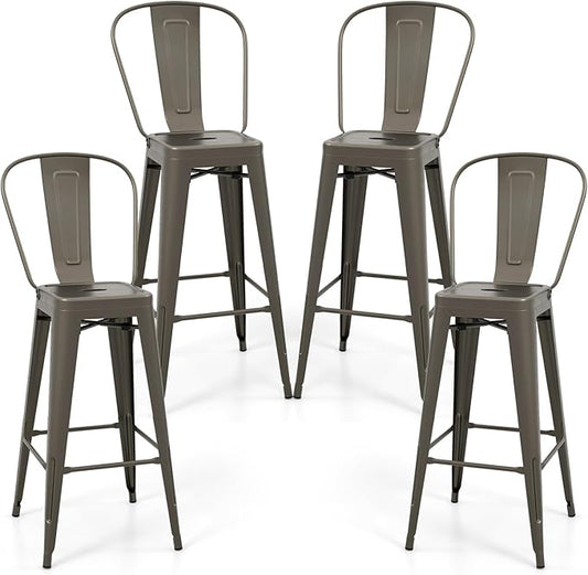 COSTWAY Metal Bar stools Set of 4, with Removable Back, 30'' Bar Height Stools with Rubber Feet, Stylish and Modern Chairs, for Kitchen, Dining Rooms, and Side Bar (Gun-Update, 30'')