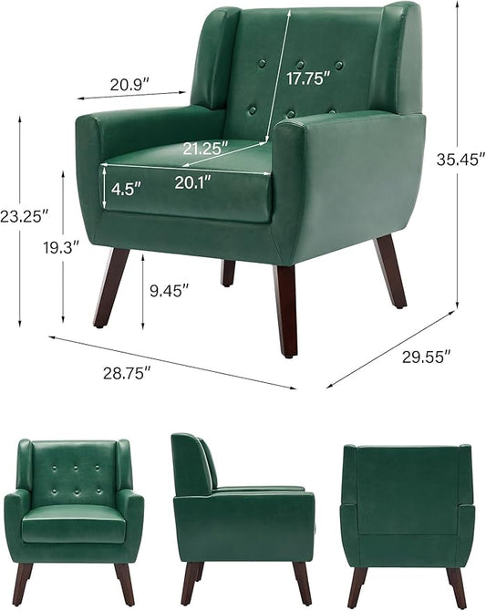 Accent Chair, Mid-Century Modern PU Leather Chairs with Arms for Living Room, Comfy Upholstered Club Single Sofa Armchair for Bedroom Waiting Room with Solid Wood Frame（Leather Green, Set of 2)