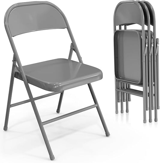 VINGLI Folding Chairs All Steel Metal Frame, Capacity 350 lbs, Durable Portable and Versatile for Indoor Outdoor Use, Gray, Set of 4