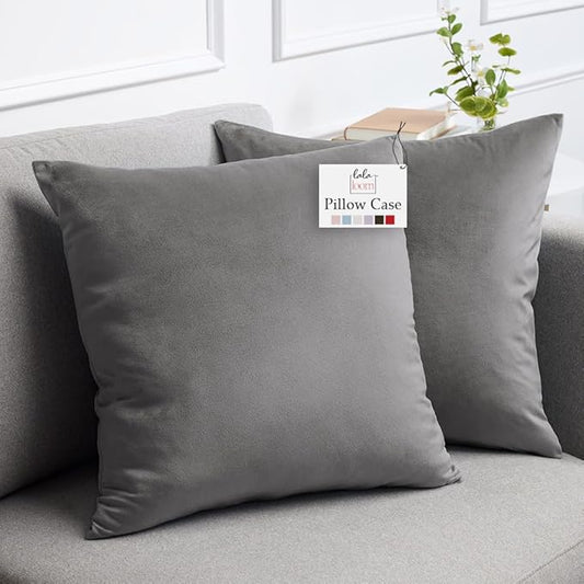 lalaLOOM Velvet Throw Pillow Covers, Set of 2, 20x20 Decorative Square Pillows Home Decor, Soft Accent Cases, Silky Machine Washable Pillowcases for Sofa, Couch, Bedroom, Living Room, Dark Gray