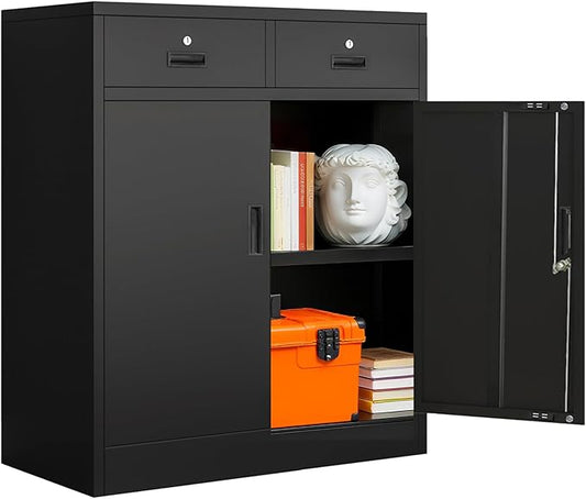 Metal Storage Cabinet with 2 Drawers and Shelves,36"H Locking Kitchen Storage Cabinets,Adjustable Shelf File Cabinet with Doors for Home Office, Garage,Laundry Room,Basement,Utility Room-Black